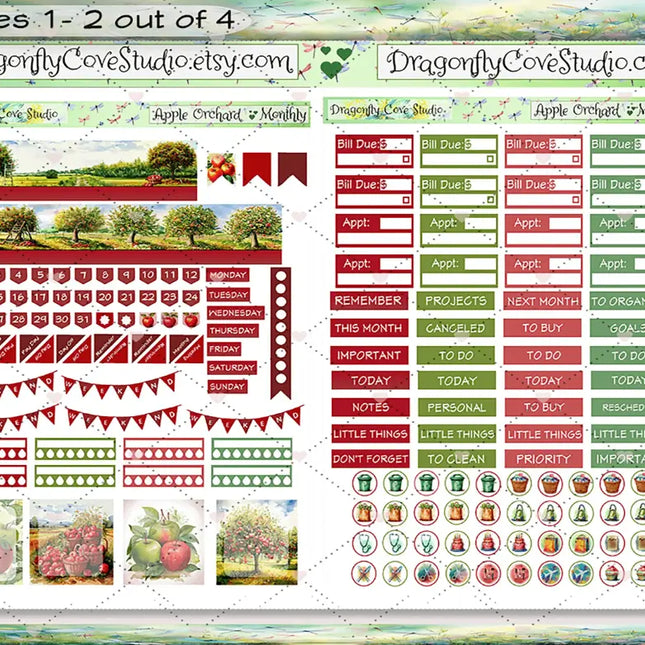 Classic Happy Planner Monthly - Printable Stickers Kit | Charming Apple Orchard | Silhouette & Cricut Cut Files + PDF DragonflyCoveStudio
