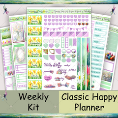 Classic Happy Planner printed weekly sticker kit – Springtime Joy Easter edition featuring pastel florals, bunnies, headers, and boxes. Pre-cut peel-and-stick sheets. Ships with tracking.