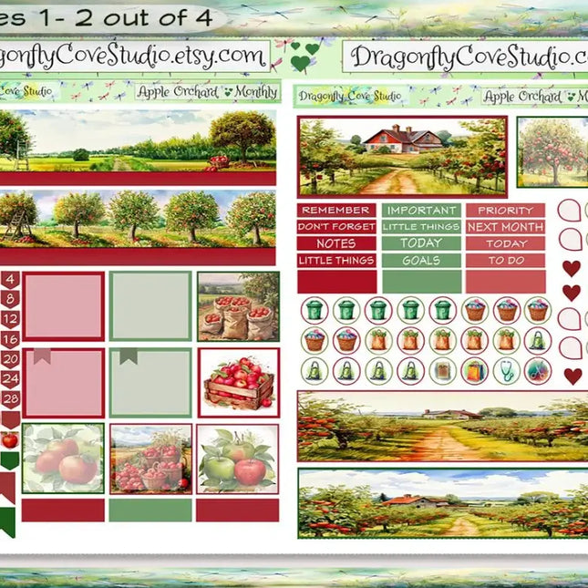 Printable Planner Stickers Kit, Erin Condren Monthly - Charming Apple Orchard - with Silhouette & Cricut Cut Files and PDF for Hand Cutting DragonflyCoveStudio